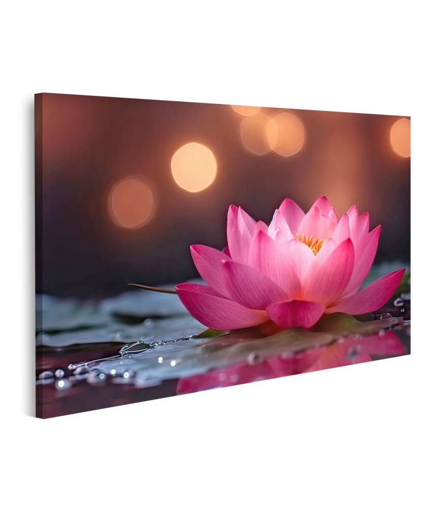 Islandburner Bild auf Leinwand Fesselndes Wandbild mit lebendiger rosa Lotusblume vor schimmerndem Bokeh