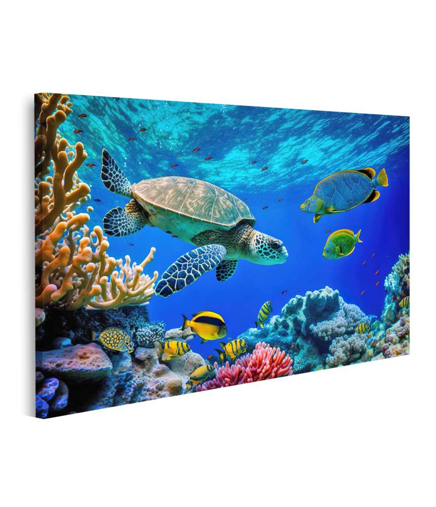 Islandburner Bild auf Leinwand Unterwasserwandbild mit wilder Seeschildkröte, Fischen & Korallenriff