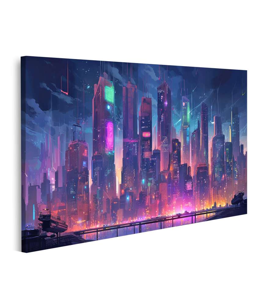 Islandburner Bild auf Leinwand Dunkle Cyberpunk-Stadt-Skyline beleuchtet mit Neonlichtern