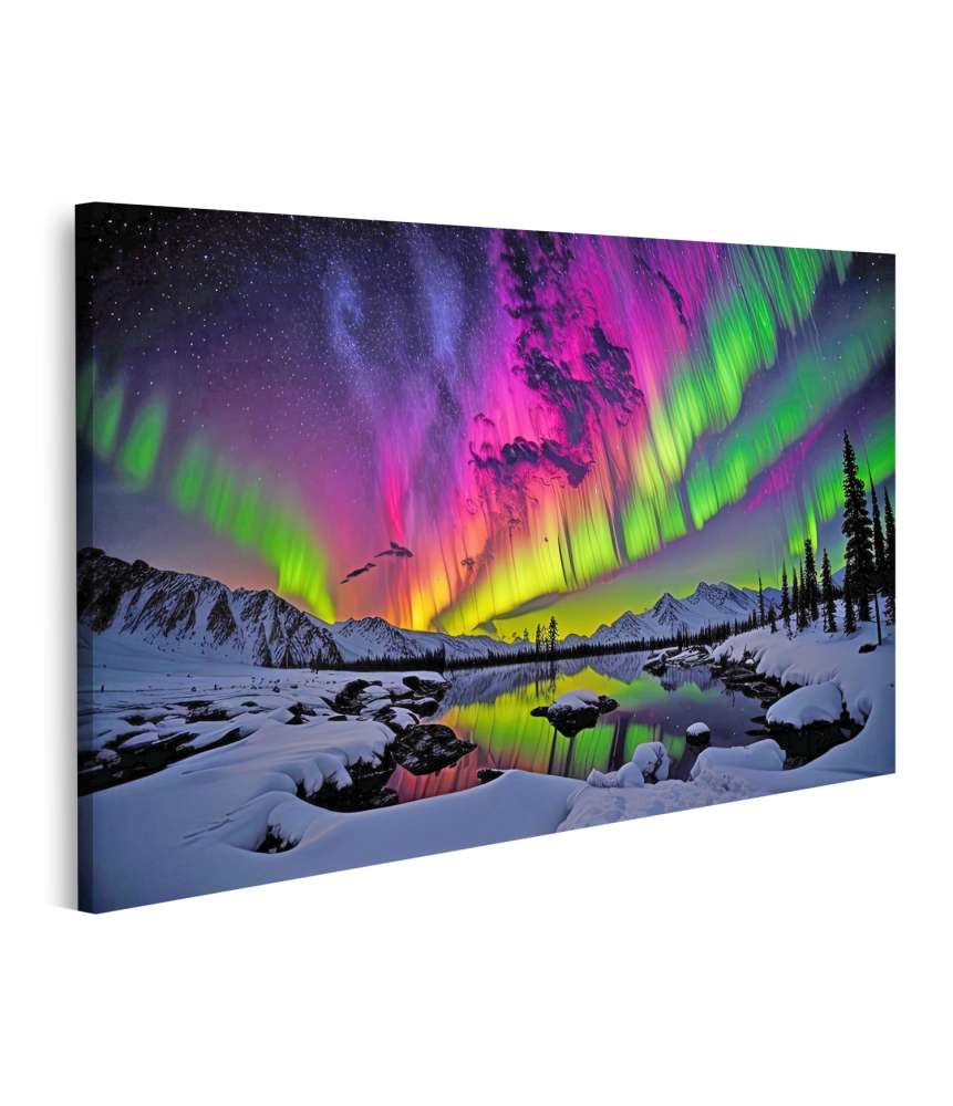 Islandburner Bild auf Leinwand Nordlichter (Aurora Borealis) über einer Bergkulisse