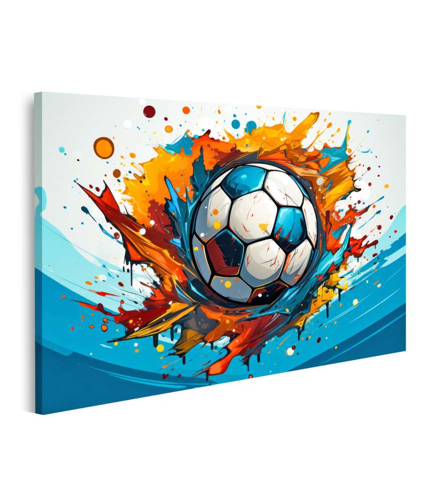 Islandburner Bild auf Leinwand Buntes Wandbild mit fliegendem Fußball für Kinderzimmer von Sportfans