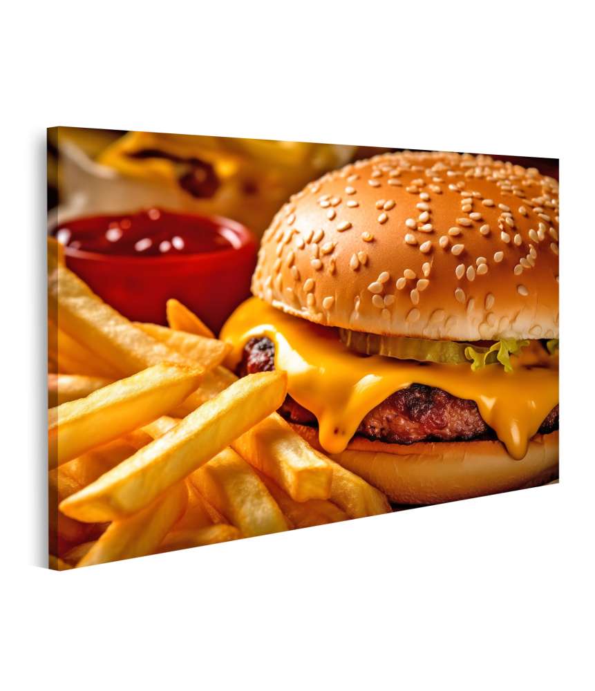 Islandburner Bild auf Leinwand Lebhaftes Wandbild: Hamburger und knusprige Pommes Frites