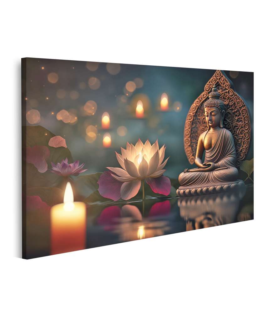 Islandburner Bild auf Leinwand Buddha-Statue, Lotusblume und Kerzenlicht zum Vesak-Buddha Purnima Tag