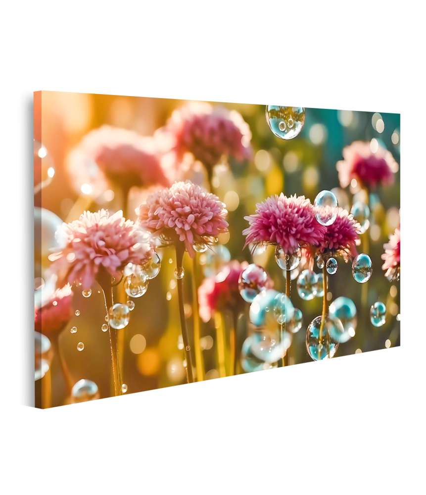 Islandburner Bild auf Leinwand Vibrantes Wandbild mit mehrfarbigen Wildblumen und Seifenblasen