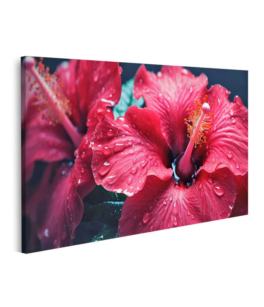 Islandburner Bild auf Leinwand Close-Up von Hibiskus mit Wassertropfen - Wandbild