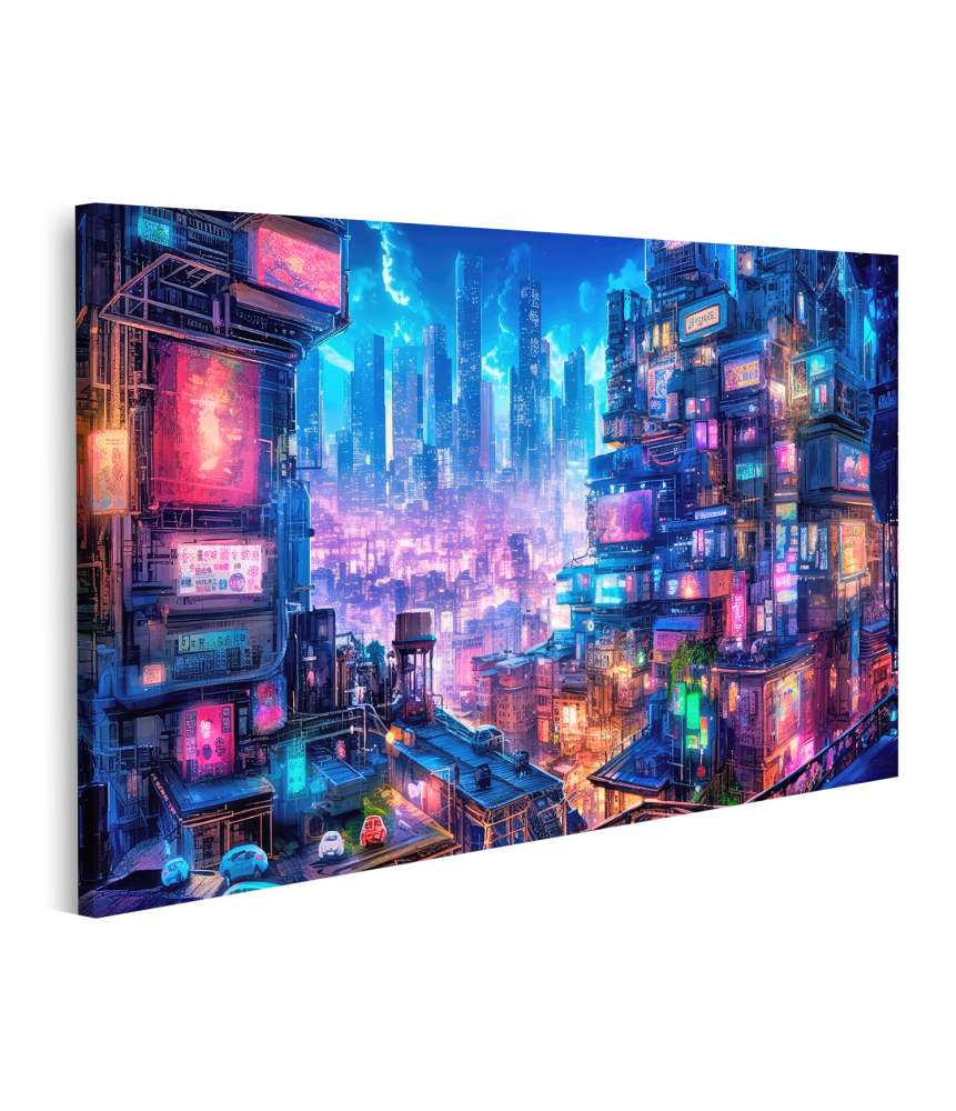 Islandburner Bild auf Leinwand Bezauberndes digitales Wandbild einer Anime-Cyberpunk-Stadt bei Nacht