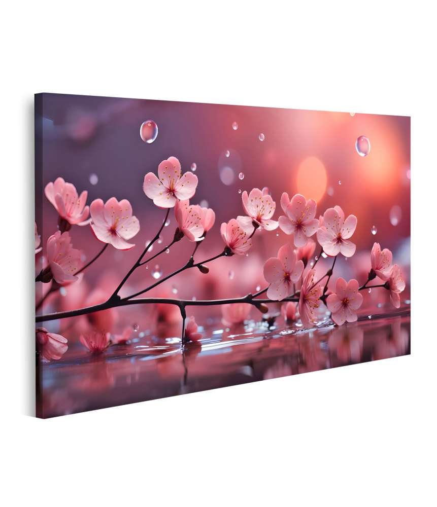 Islandburner Bild auf Leinwand Kirschbaumzweig mit rosa Sakura-Blüten, Wasser plätschert, Spritzer