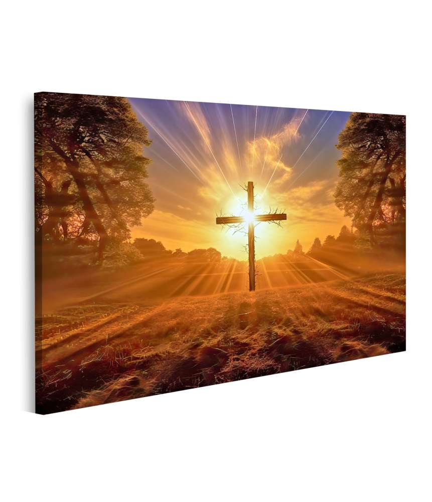 Islandburner Bild auf Leinwand Hintergrundbeleuchtetes großes Kreuz mit Sonnenstrahlen hinter Christus