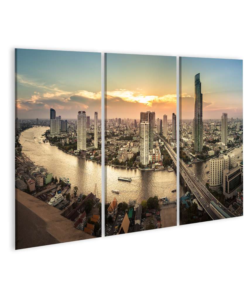 Islandburner Bild auf Leinwand Panoramisches Wandbild einer Flusslandschaft in Bangkok-Stadt