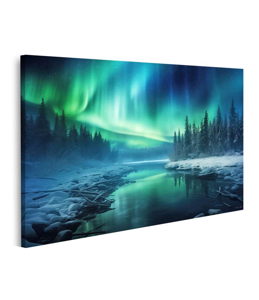 Islandburner Bild auf Leinwand Malerische Winterlandschaft bei Nacht mit Aurora Borealis