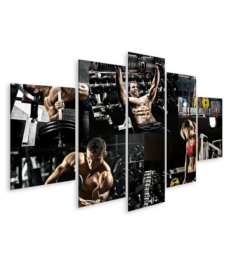 Islandburner Bild auf Leinwand Bodybuilding-Ãbung mit Gewichtspresse in Fitnessstudio-Fotocollage-Wandbild