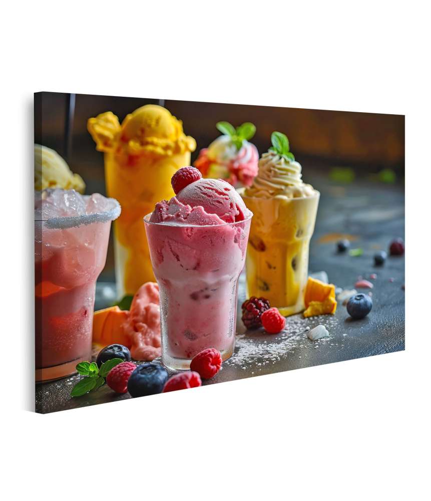 Islandburner Bild auf Leinwand Buntes Wandbild von Eiscreme mit Früchten in einem Glasbecher