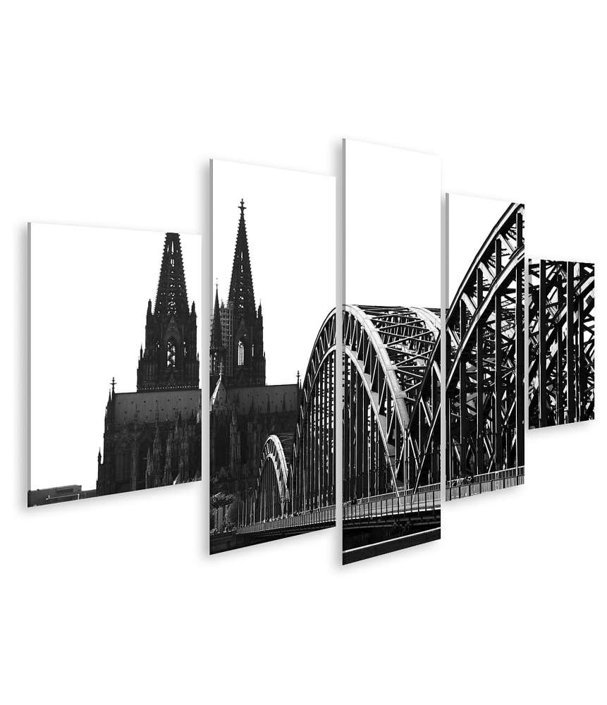 Islandburner Bild auf Leinwand Schwarz-Weiß Wandbild des Kölner Doms mit Brücke in Köln