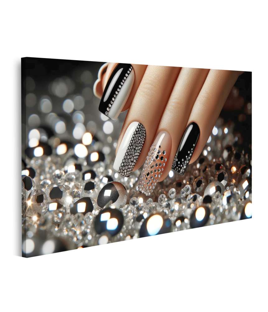 Islandburner Bild auf Leinwand Elegantes Wandbild in Schwarz-Weiß für Nagelstudios mit funkelndem Maniküre-Design