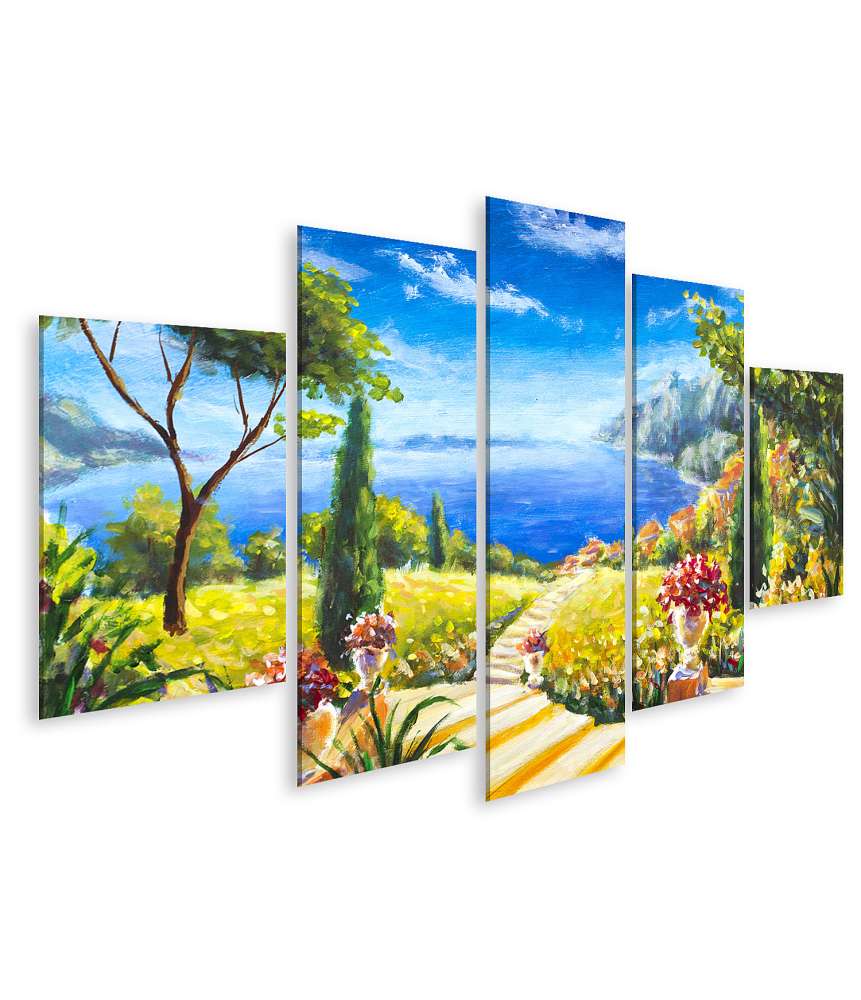 Islandburner Bild auf Leinwand Handgemaltes Wandbild: Sommerlandschaft mit Weg zum Ozean und Blumenvasen