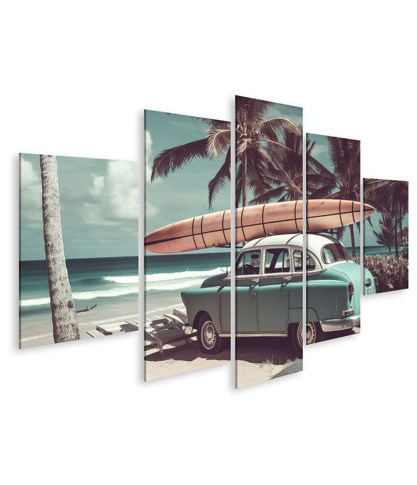 Islandburner Bild auf Leinwand Vintage Auto mit Surfbrett auf einem nostalgischen Wandbild