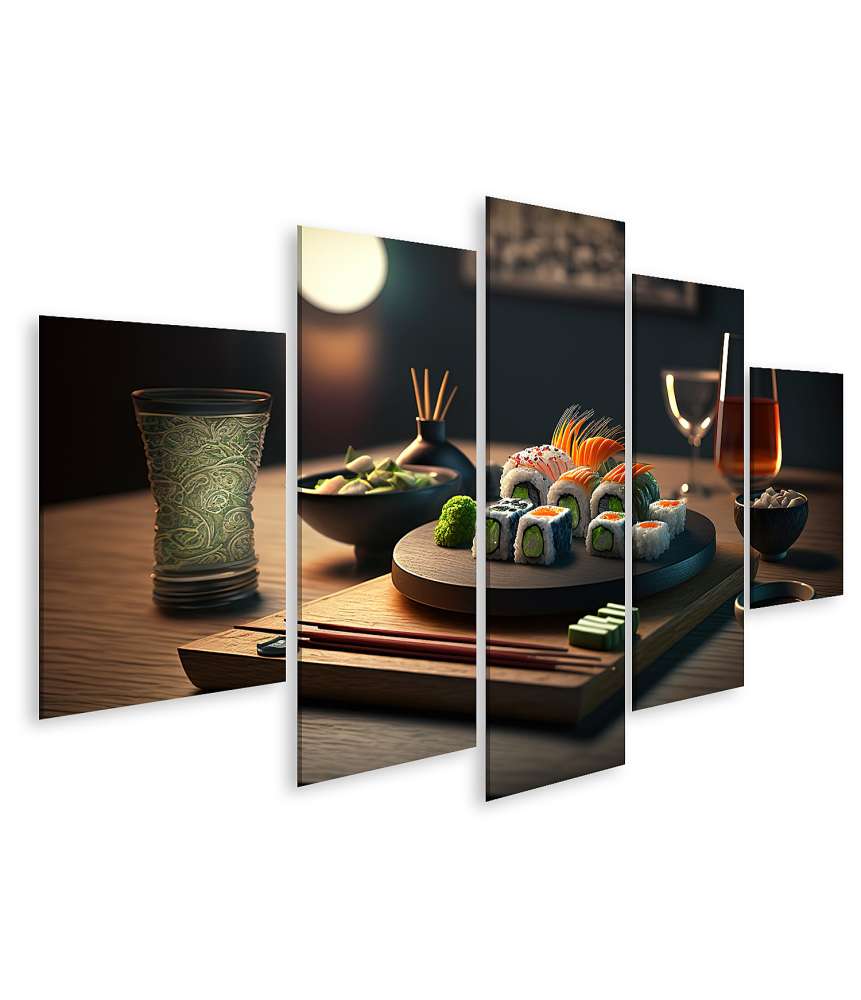 Islandburner Bild auf Leinwand Japanisches Sushi-Roll-Set, serviert auf Restauranttisch, Wandbild