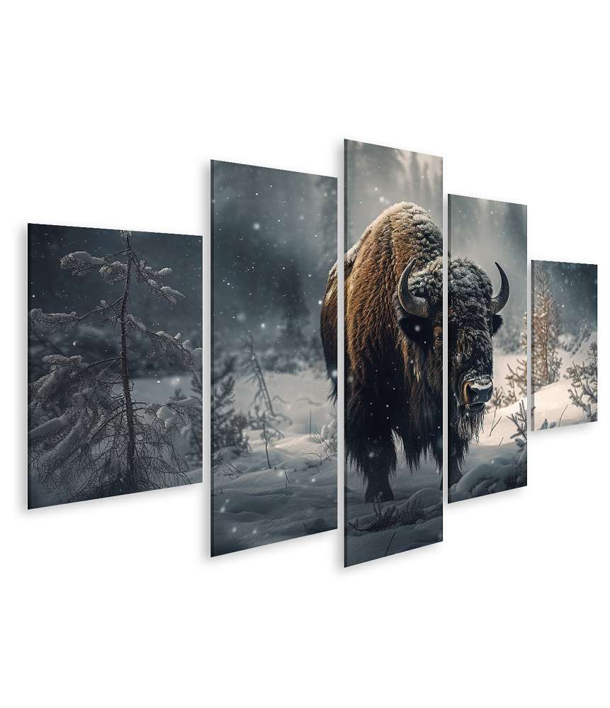 Islandburner Bild auf Leinwand Stehender Bison in schneebedecktem Wald - Wandbild natürlicher Wildtiere