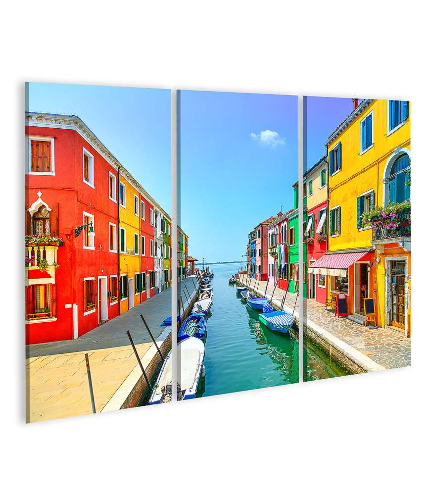 Islandburner Bild auf Leinwand Buntes Wandbild von Venedigs Wahrzeichen: Burano Insel, Kanal, Häuser und Boote