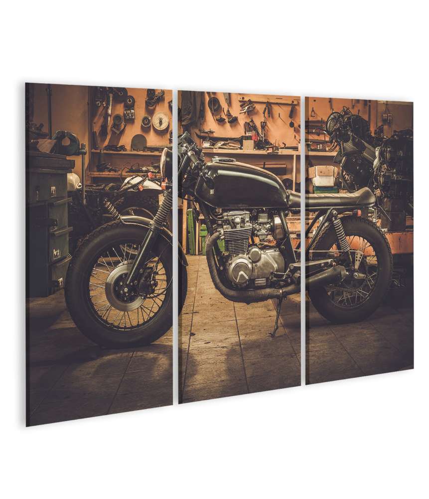 Islandburner Bild auf Leinwand Vintage-Stil Café Racer Motorrad in einer maßgeschneiderten Garage Wandbild