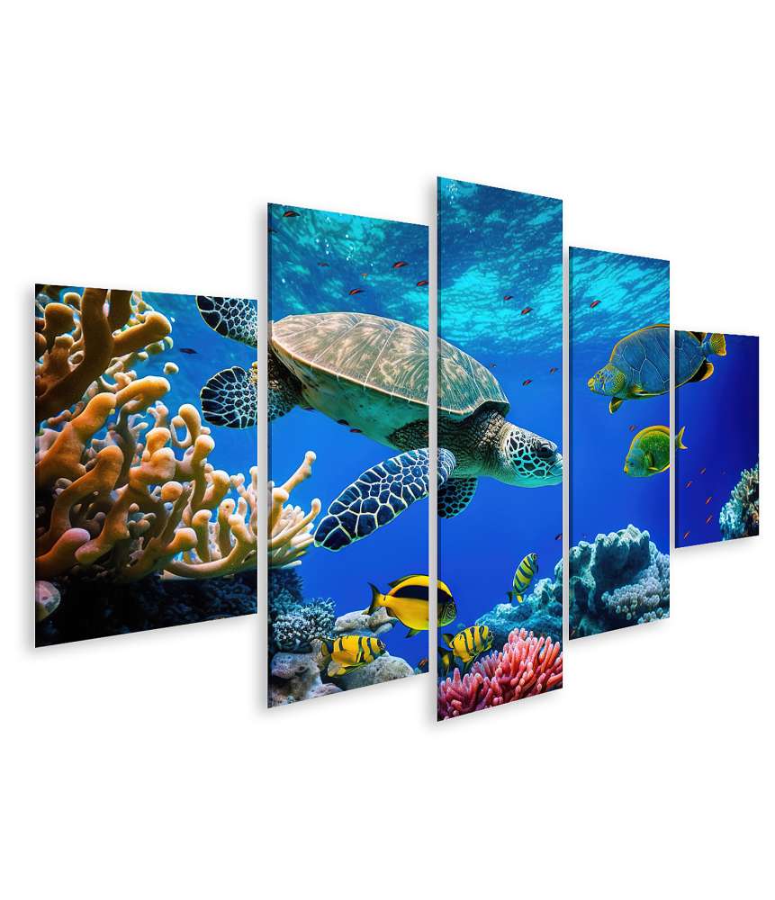 Islandburner Bild auf Leinwand Unterwasserwandbild mit wilder Seeschildkröte, Fischen & Korallenriff