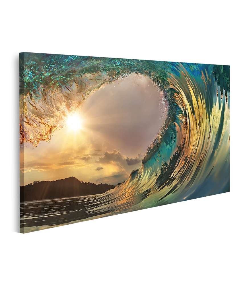 Islandburner Bild auf Leinwand Atemberaubendes Wandbild einer Surf-Welle zum Sonnenuntergang am Ozeanstrand