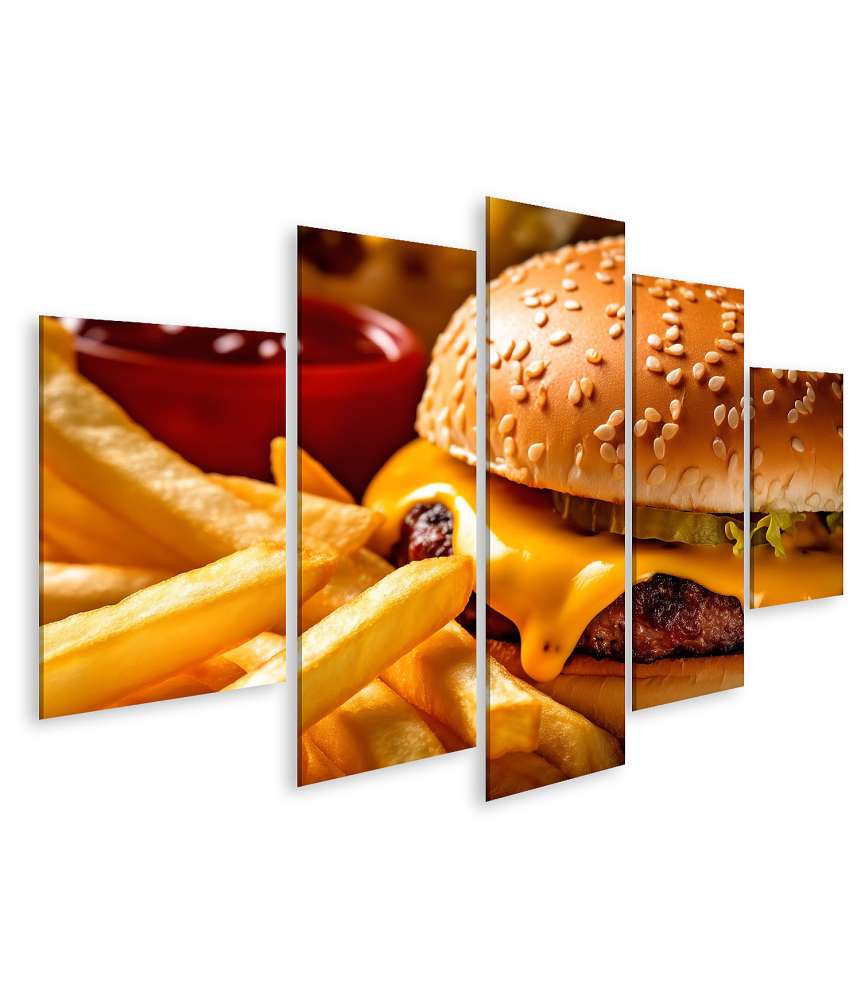 Islandburner Bild auf Leinwand Lebhaftes Wandbild: Hamburger und knusprige Pommes Frites