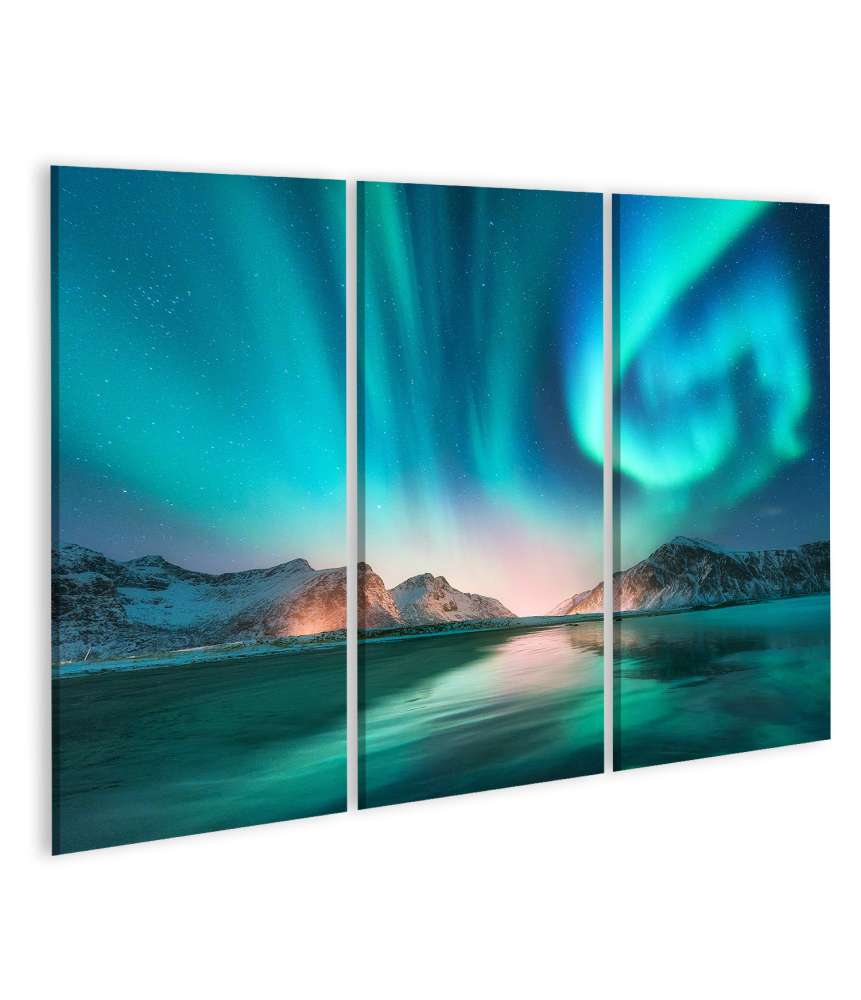 Islandburner Bild auf Leinwand Nordlicht Aurora Borealis über den Lofoten Inseln, Norwegen, mit Sternenhimmel