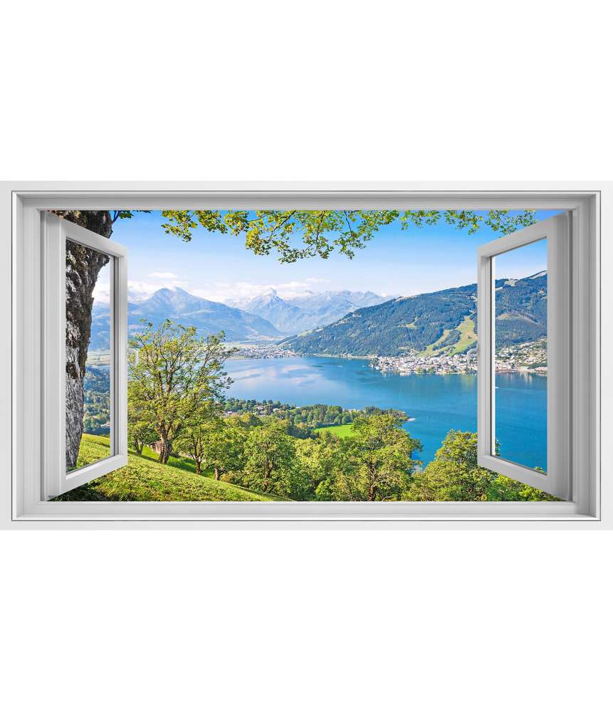 Islandburner Bild auf Leinwand Panoramablick auf prächtige Alpenlandschaft durch ein Fenster-Wandbild