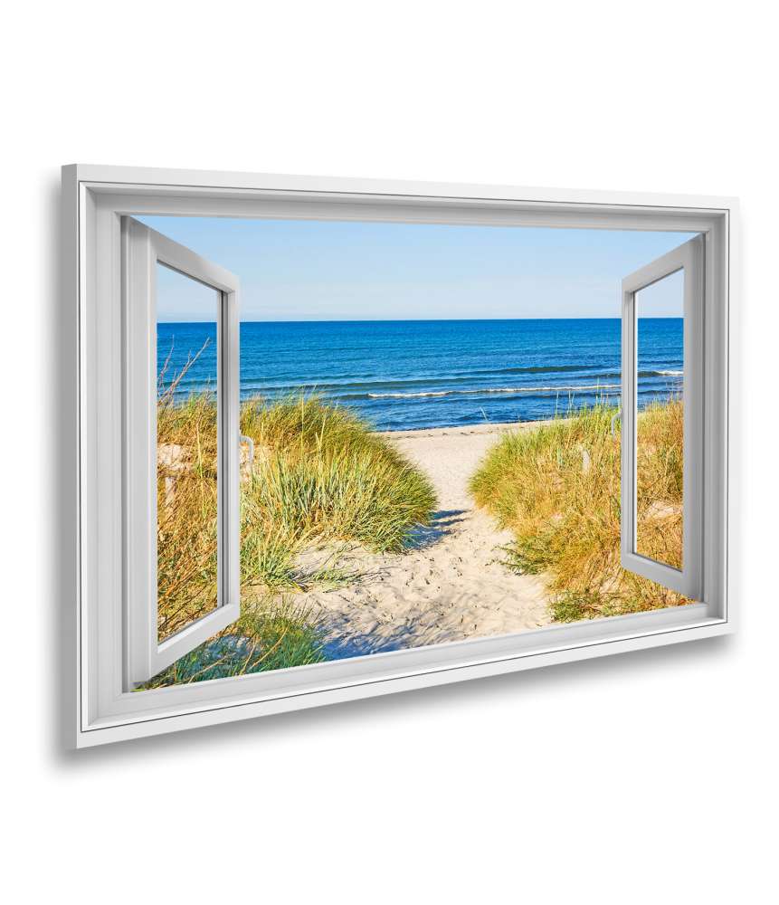 Islandburner Bild auf Leinwand Blick durchs Fenster auf den Strandweg zur Ostsee, umgeben von Marramgras