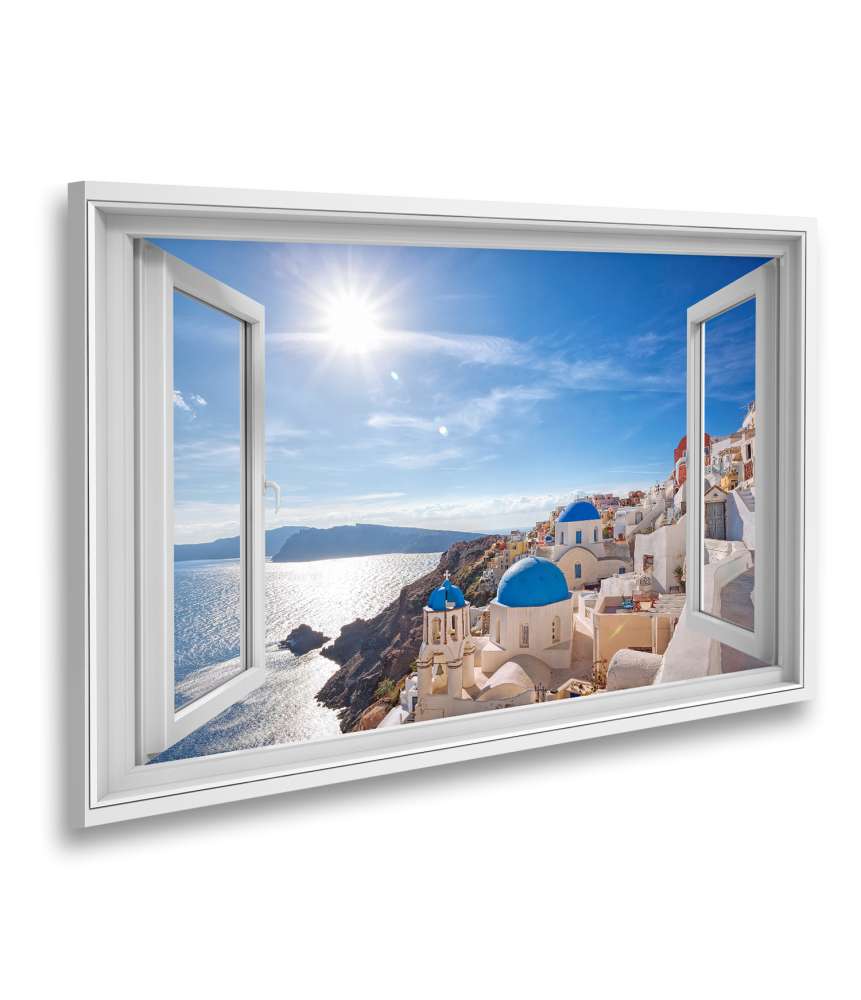 Bild auf Leinwand Blick auf das malerische Dorf Oia auf Santorin, Griechenland, durch ein Fenster