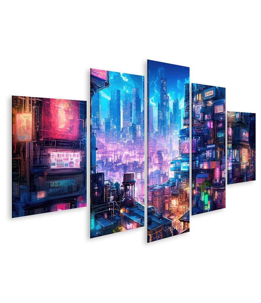 Islandburner Bild auf Leinwand Bezauberndes digitales Wandbild einer Anime-Cyberpunk-Stadt bei Nacht