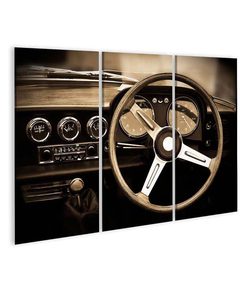 Islandburner Bild auf Leinwand Sepia-Ton Wandbild eines Oldtimer-Armaturenbretts