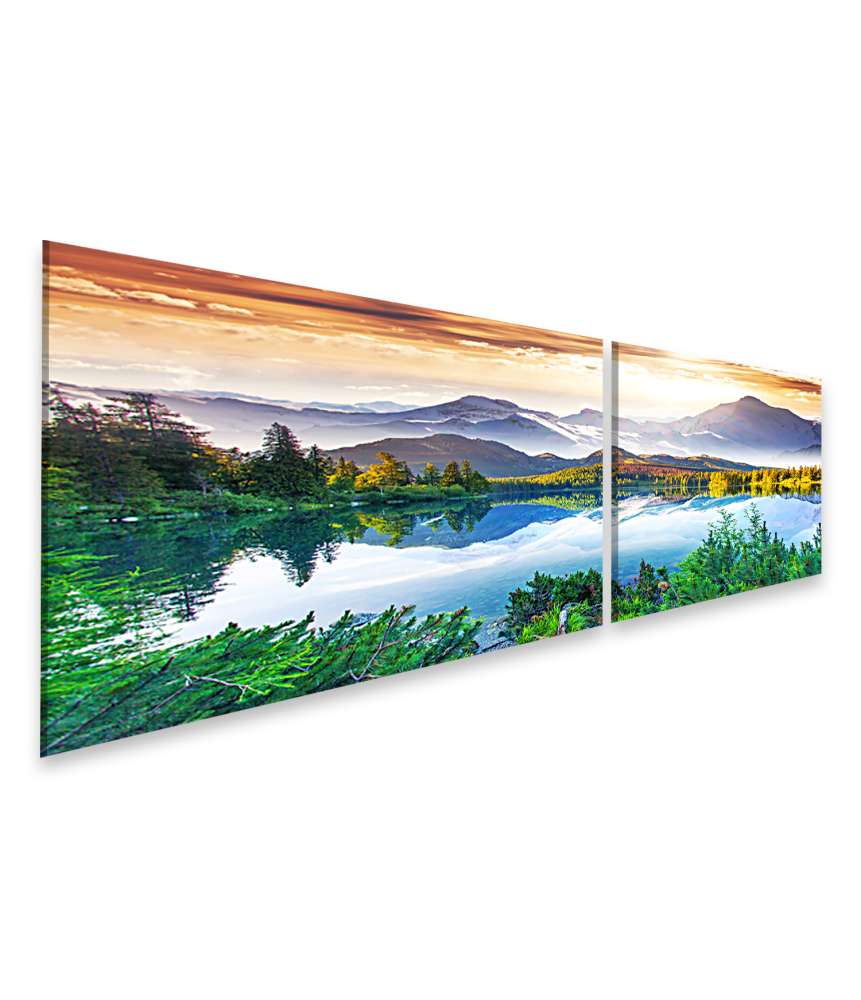 Islandburner Bild auf Leinwand Fantastisches Wandbild eines sonnigen Tages am See mit Bergkulisse