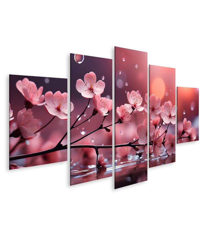 Islandburner Bild auf Leinwand Kirschbaumzweig mit rosa Sakura-Blüten, Wasser plätschert, Spritzer