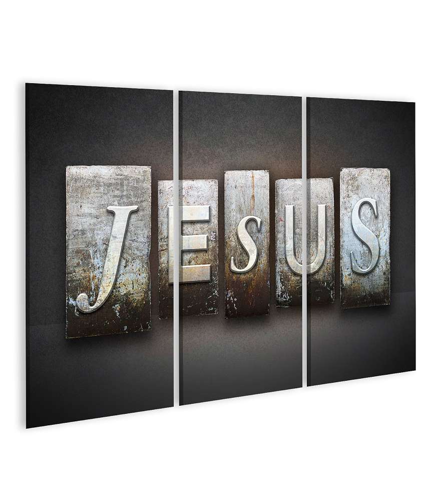 Islandburner Bild auf Leinwand Jesus' Name in Vintage-Typografie auf einem Wandbild im Buchdruck-Stil