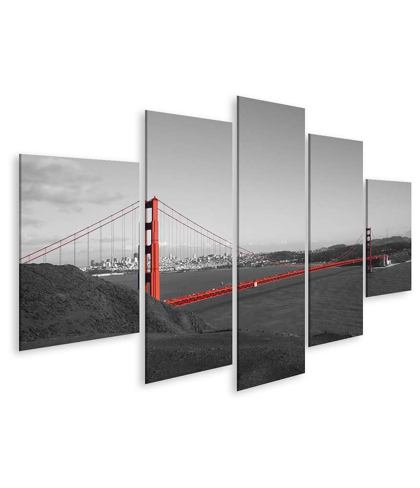 Islandburner Bild auf Leinwand Rotgoldene Golden Gate Bridge, schwarz-weißer Hintergrund von San Francisco