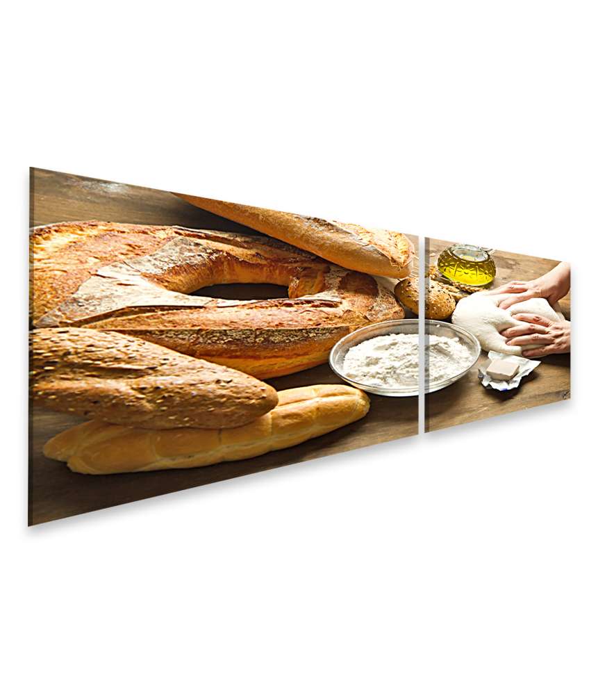 Islandburner Bild auf Leinwand Bäckerei-Wandbild mit Mehl, Teigkneten und Tischszene