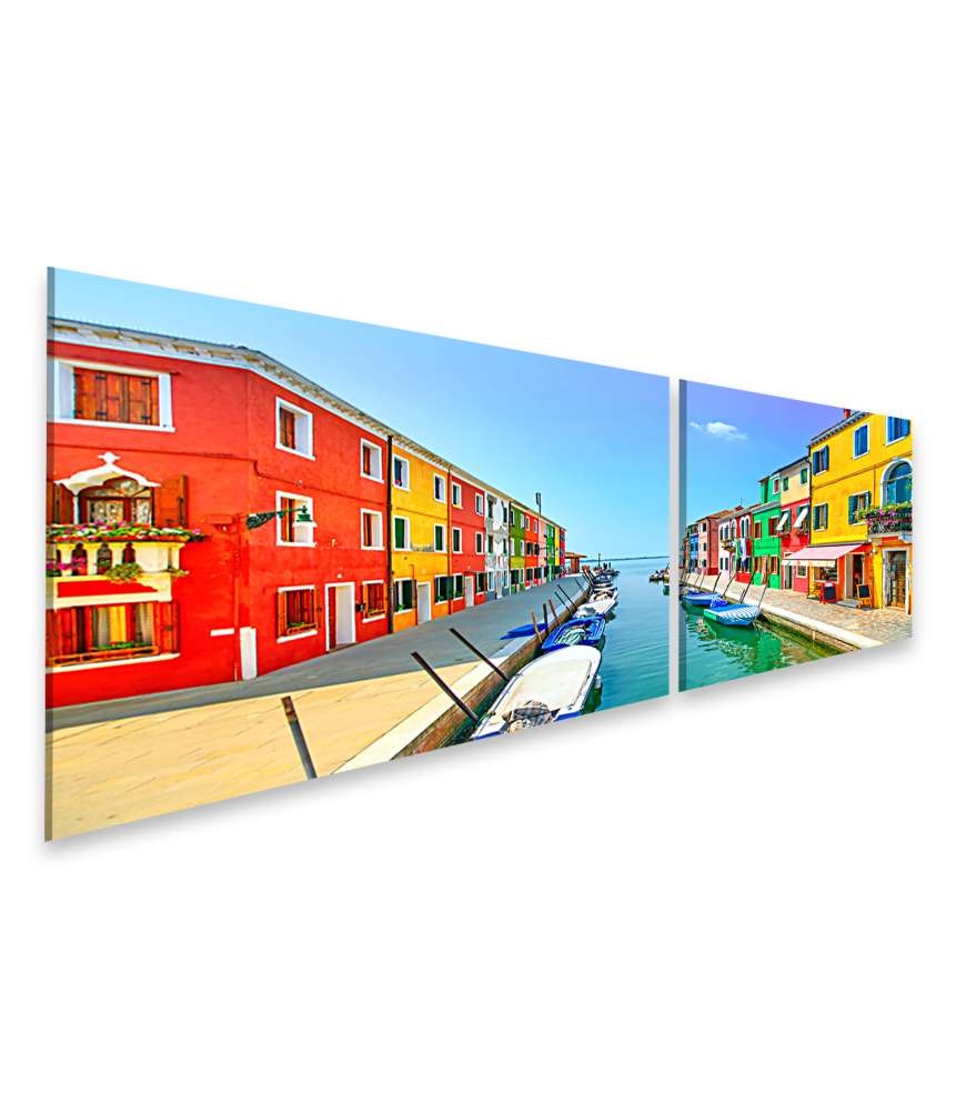 Islandburner Bild auf Leinwand Buntes Wandbild von Venedigs Wahrzeichen: Burano Insel, Kanal, Häuser und Boote