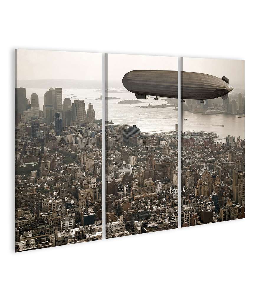 Islandburner Bild auf Leinwand Vintage-Stil Wandbild: Zeppelin schwebt über Manhattan