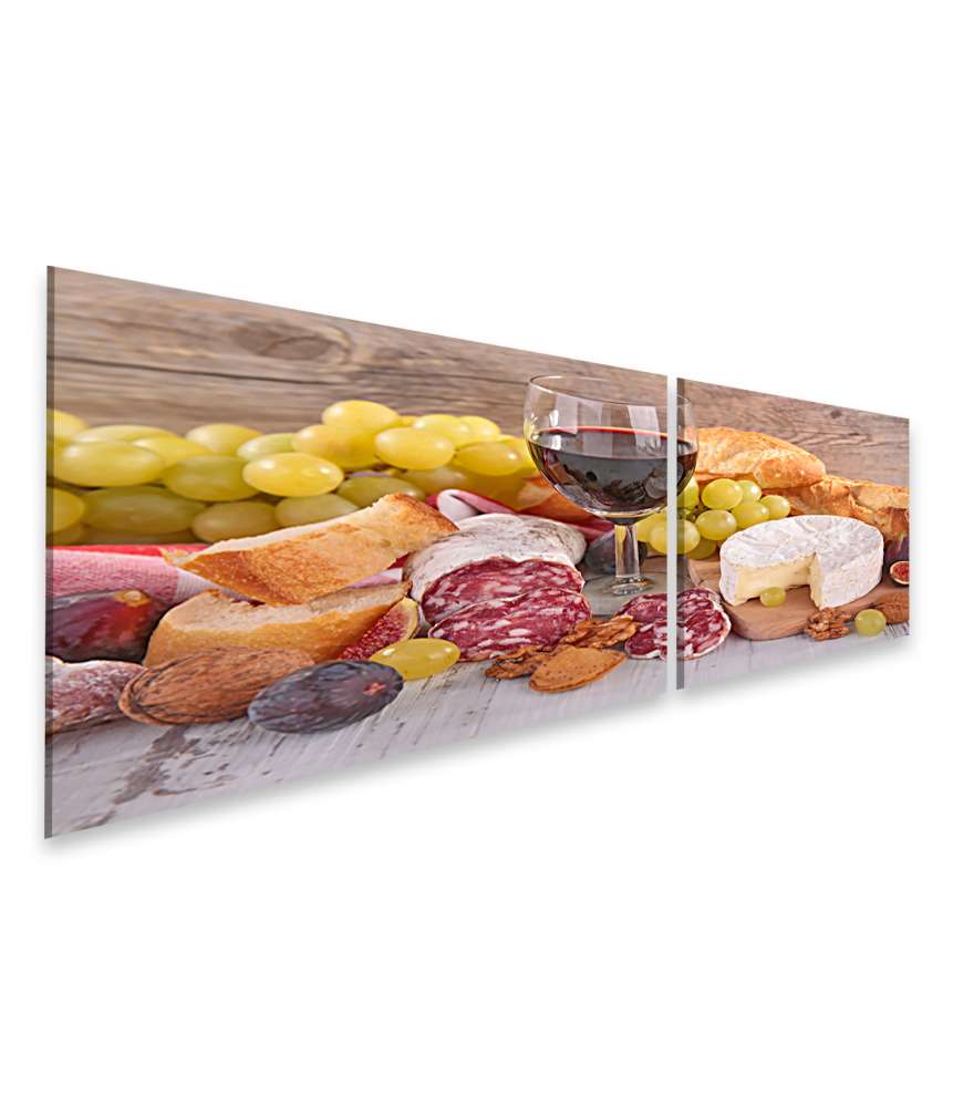 Islandburner Bild auf Leinwand Küchenwandbild mit Darstellung von Wein, Käse, Wurst und Brot