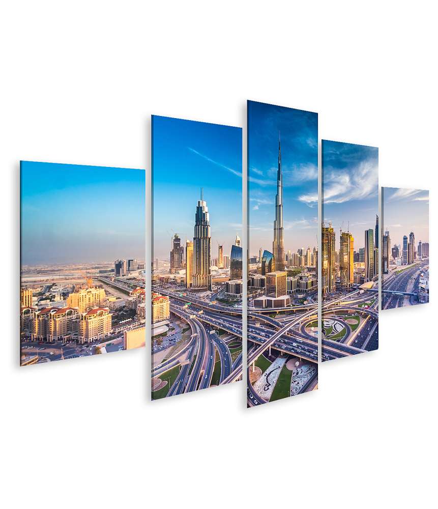 Islandburner Bild auf Leinwand Atemberaubendes Wandbild der belebten Skyline Dubais neben einer Autobahn