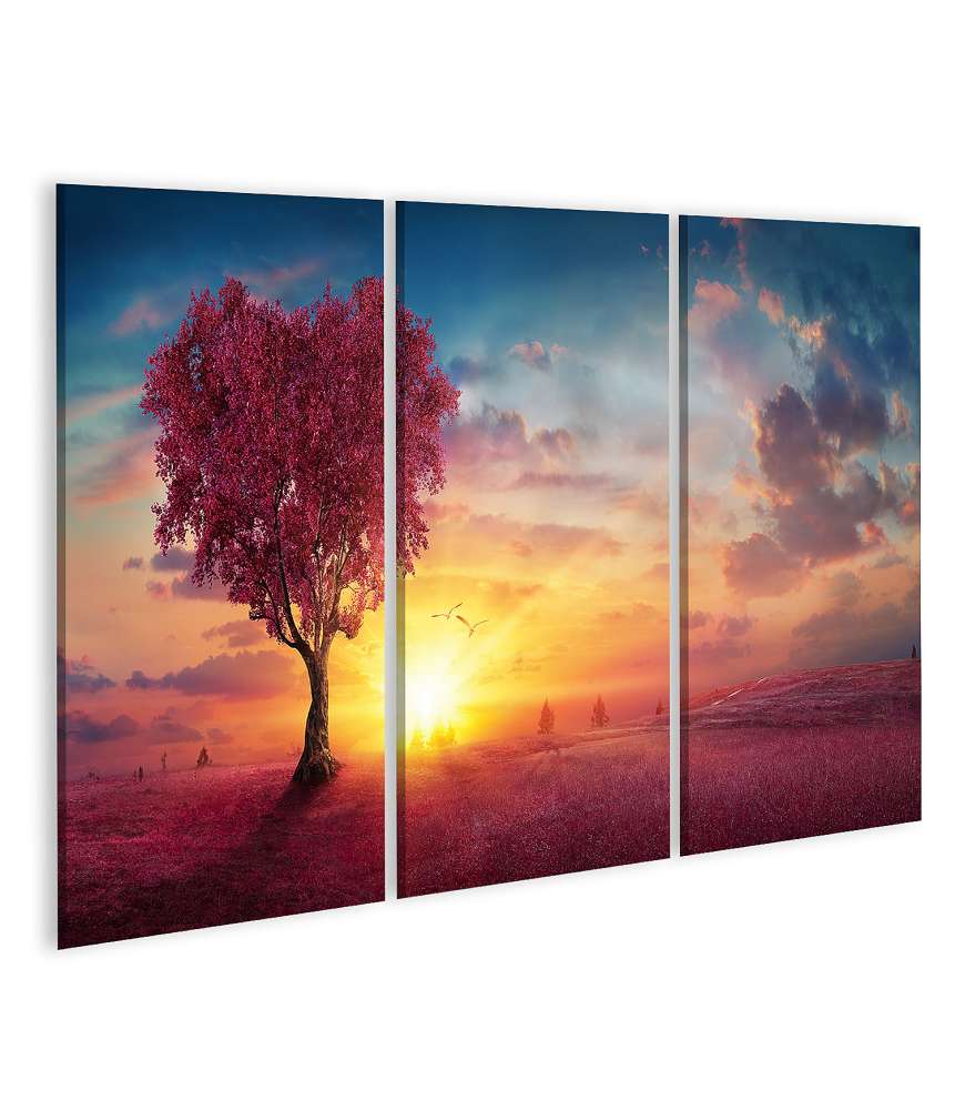 Islandburner Bild auf Leinwand Romantischer Sonnenuntergang mit rotem Herz-Baum in natürlicher Landschaft