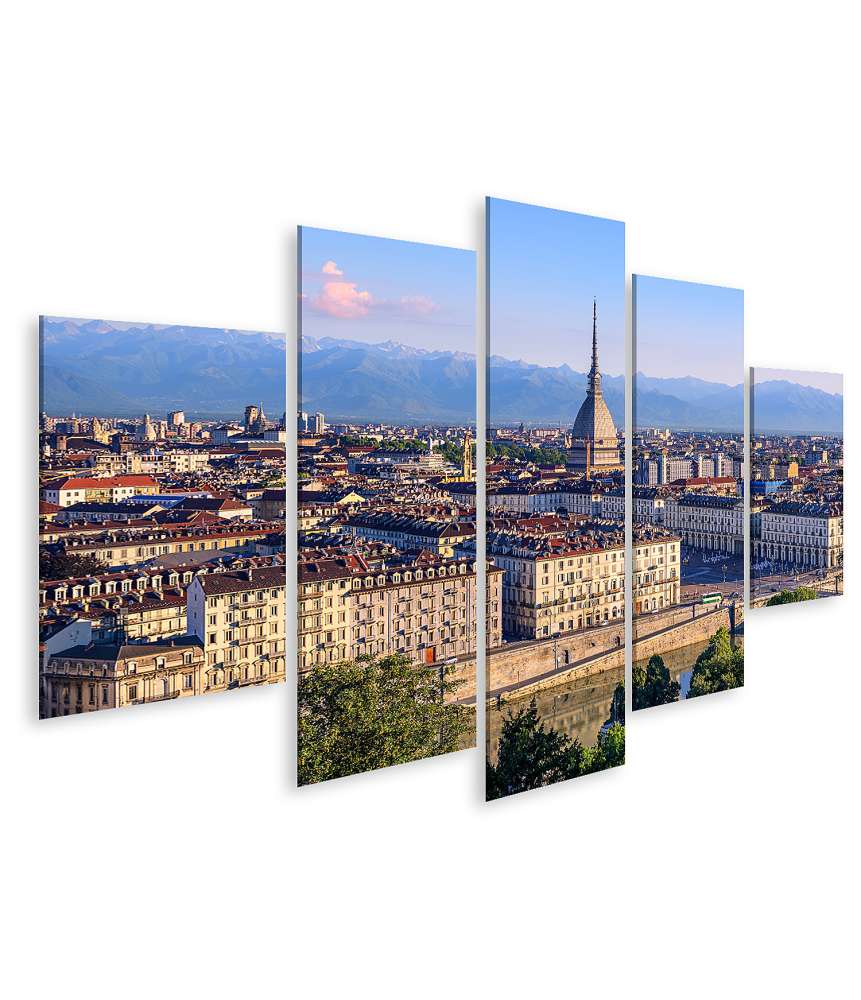 Islandburner Bild auf Leinwand Panorama von Turins Stadtzentrum mit Mole Antonelliana Turm und Alpenbergen