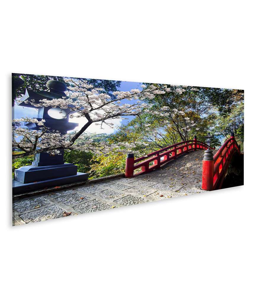 Islandburner Bild auf Leinwand Sakura-Blüten am japanischen Tempel mit roter Brücke