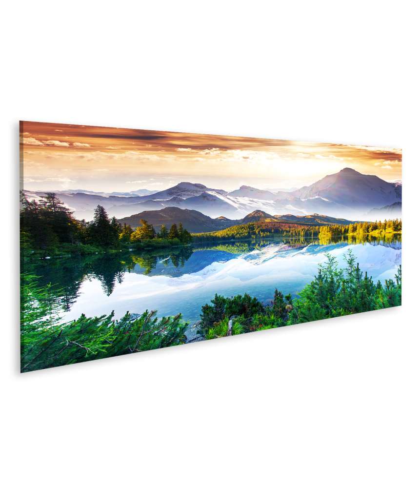 Islandburner Bild auf Leinwand Fantastisches Wandbild eines sonnigen Tages am See mit Bergkulisse