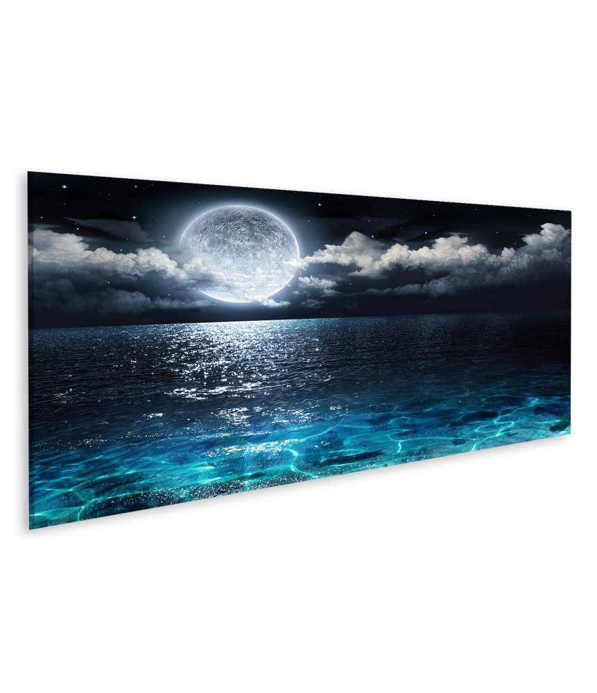 Islandburner Bild auf Leinwand Wandbild: Vollmond über dem Meer in einer klaren Nacht