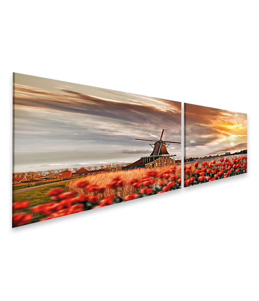 Islandburner Bild auf Leinwand Traditionelle Windmühlen und rote Tulpen in Zaanse Schans, Amsterdam