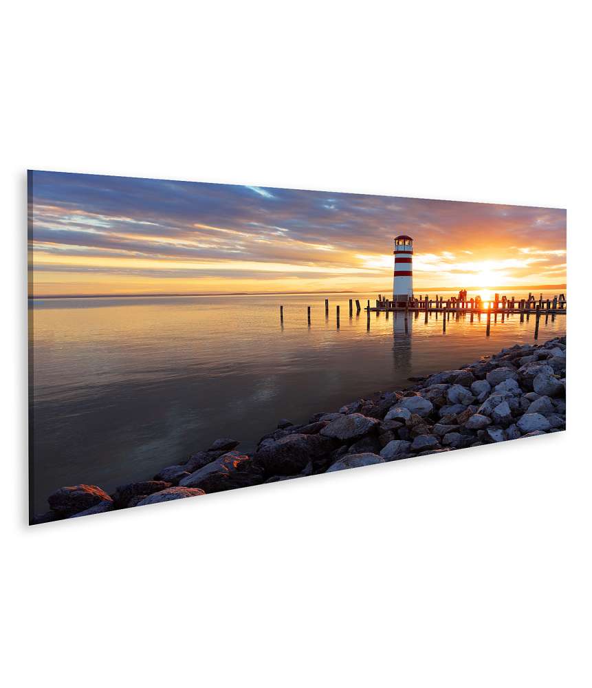 Islandburner Bild auf Leinwand Sonnenuntergang am Meer mit prächtigem Leuchtturm