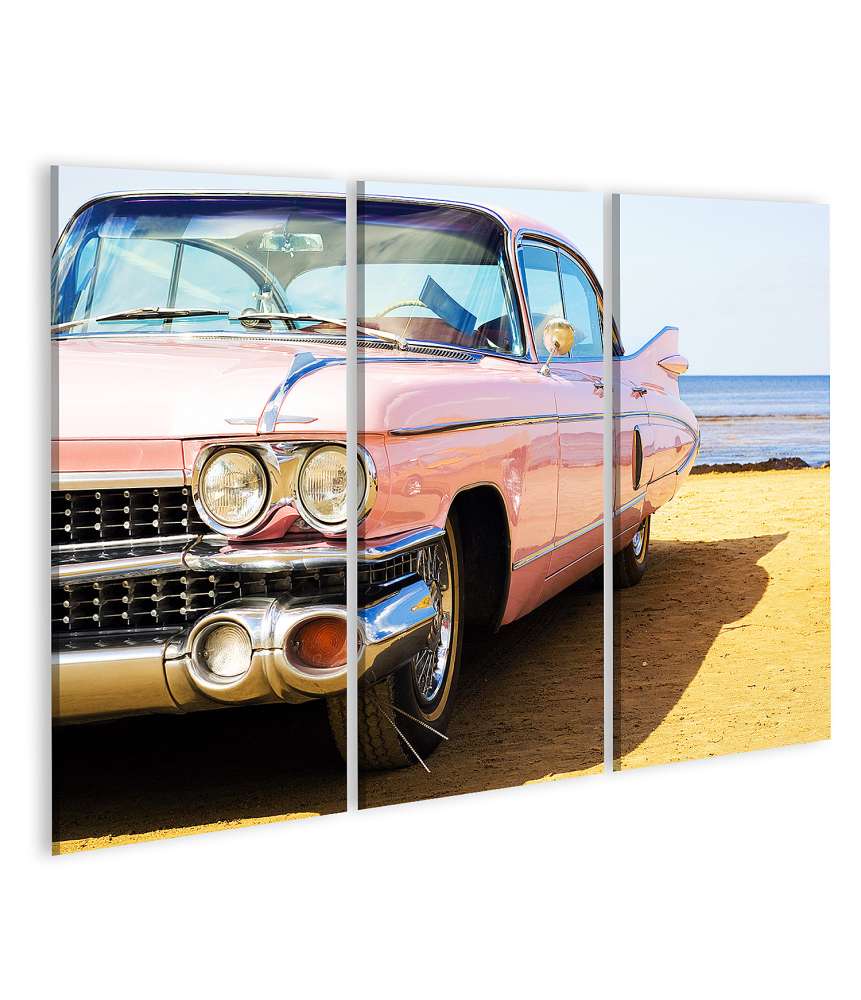 Islandburner Bild auf Leinwand Klassisches Wandbild eines rosa Cadillac am Strand